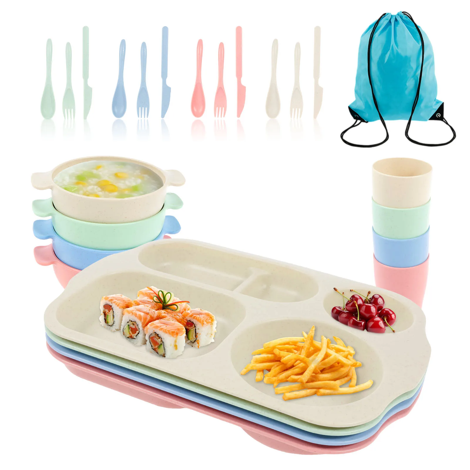 4er-Set Kindergeschirr-Set, leicht, unzerbrechlich, Teller und Schüsseln für Kleinkinder, tragbares Geschirr-Set für Zuhause, Schule, Büro