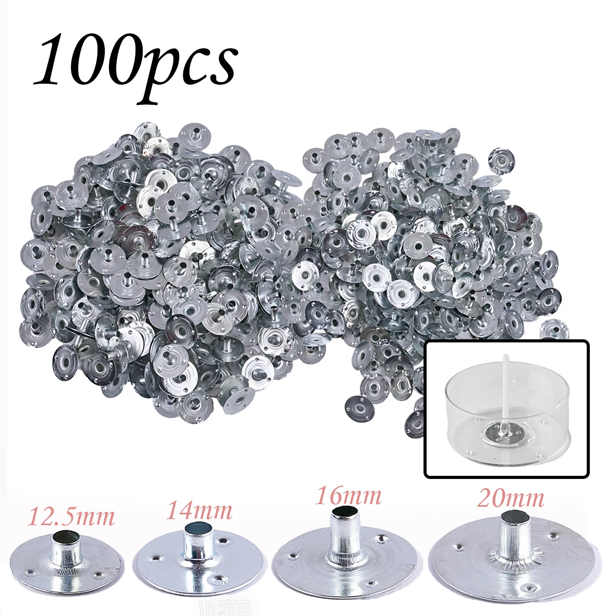 100 Stück Kerzendocht-Tabs, Metall-Haltelaschen, Mehrzweck-Kerzendocht-Basis, 20/16/14/12,5 mm, für große, vielfältige Dochte, Kerzen-DIY