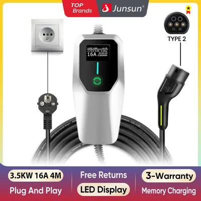 Junsun Portable EV Ladegerät Type2 IEC62196-2 Wallbox 3,5KW bis 22KW 6A bis 32A 4Meters IP65 für tesla kia Hyundai Nissan dacia Image
