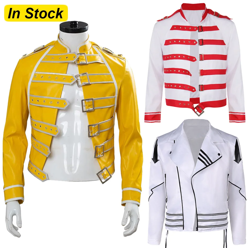 Kostüm Freddie Cosplay für Männer Jacke Gelb Rot Rock Band Mercury Kostüm Verkleidung Erwachsener Mann Fantasia Bühnenoutfit
