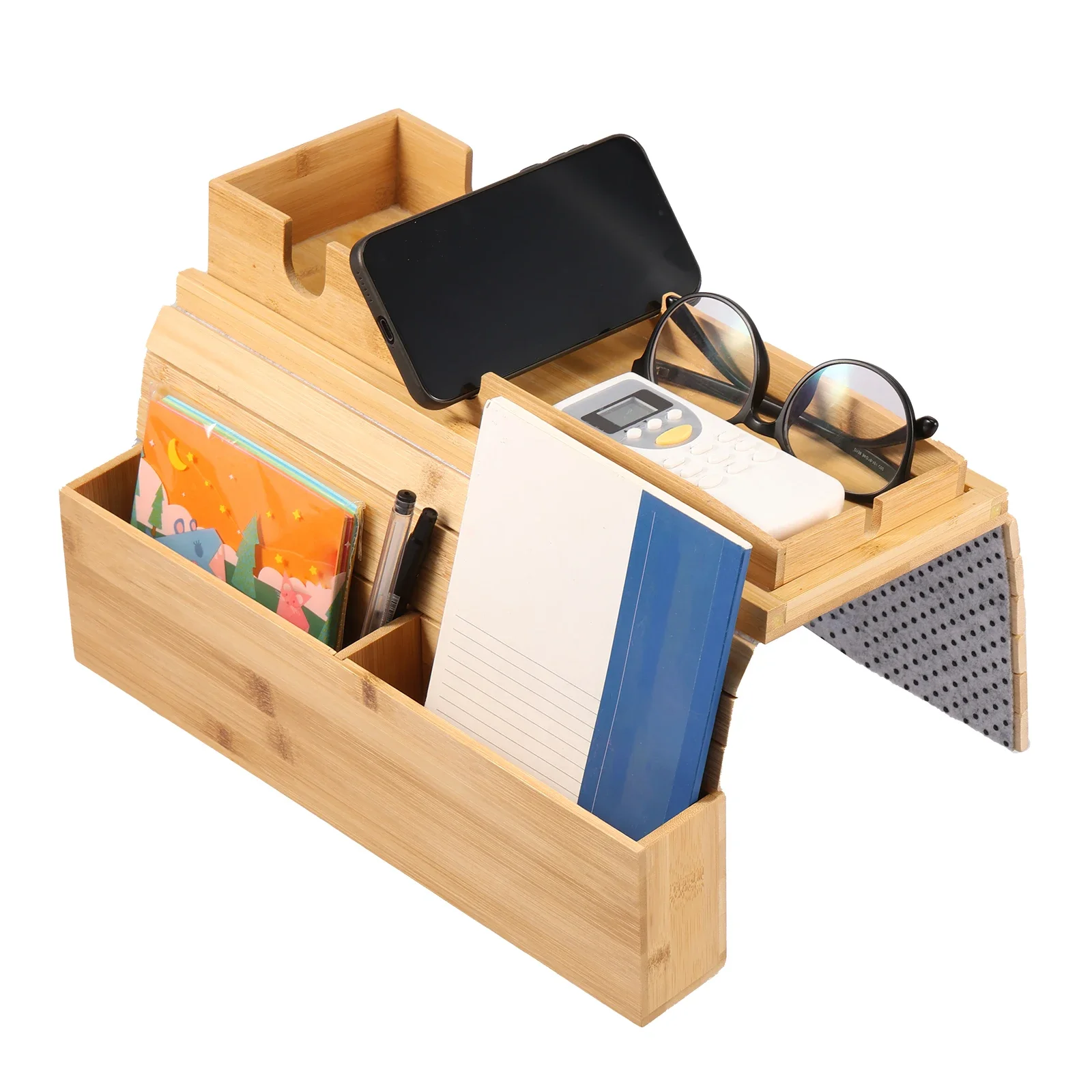 Bambus-Couch-Getränkehalter mit seitlicher Aufbewahrungstasche, rutschfestes Bambus-Sofa-Armlehnen-Tablett, faltbarer Sofa-Getränkehalter für Tassen, Snacks und Getränke