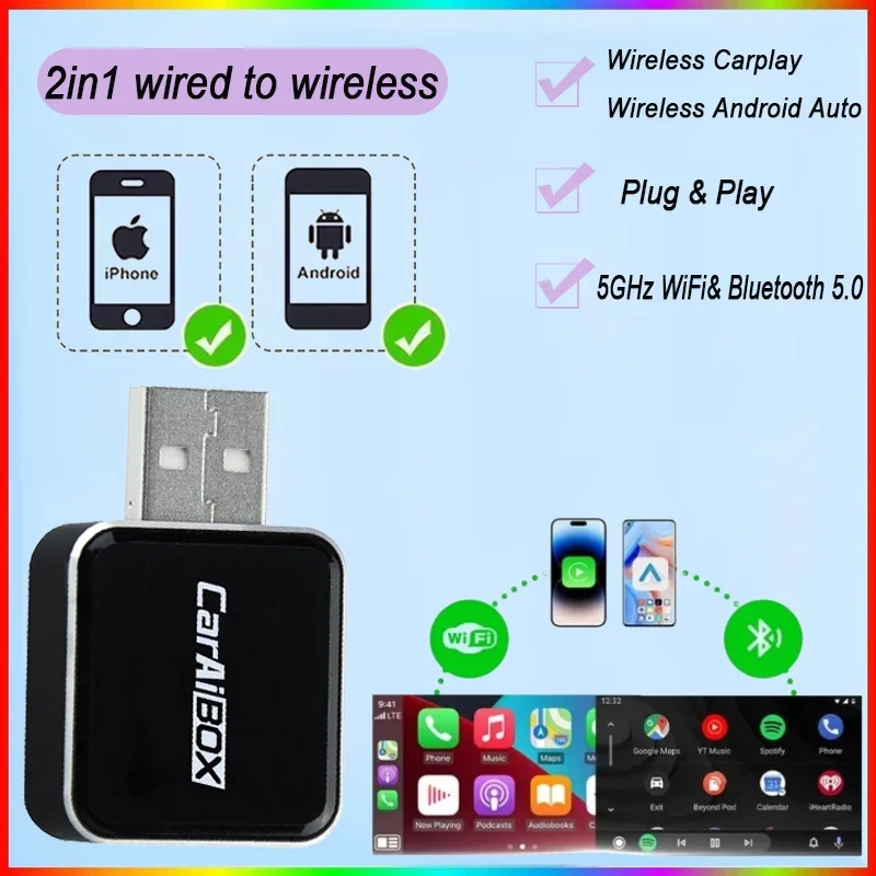 2in1 Wireless CarPlay Android Auto Mini Smart Ai Box verkabelt mit Wireless Carplay für USB/Typ C Verbindung Dongle Plug & Play Image