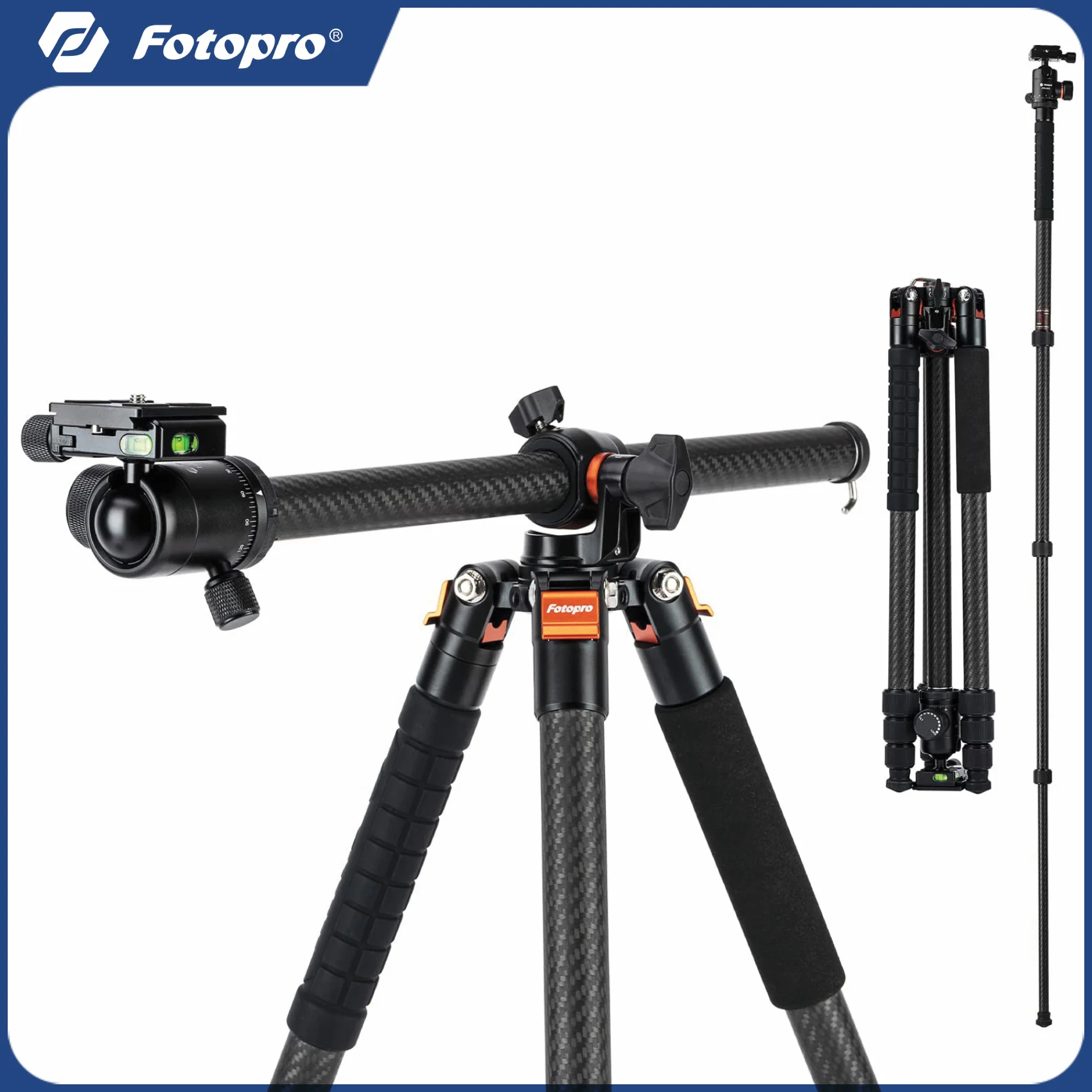 Fotopro Carbon Fiber Horizontal Stativ 75 Zoll Kamerastativ für DSLR Video Camcorder 2-in-1 Stativ Einbeinstativ Max. Belastung 22 lbs Image