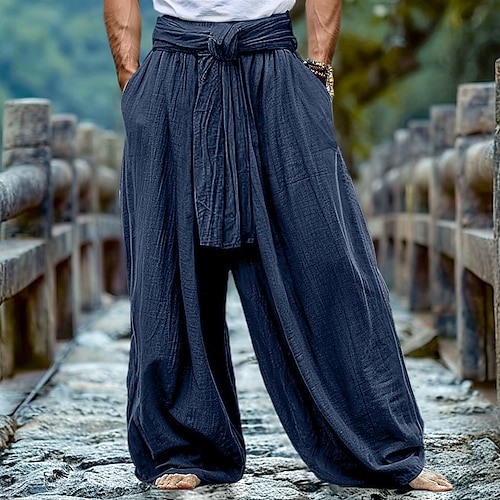 Herren Leinenhosen Hose Sommerhose Kordelzug Elastischer Bund Weites Bein Einfach Komfort Atmungsaktiv Volle Länge Lässig Täglich Ferien Mode Klassicher Stil Lässiger Schnitt Weiß Marineblau Image