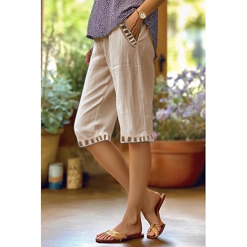 Damen Kunstbaumwollleinen Stoffhosen Mode Streetwear Knielang Natürliche Taille Einfach Tasche Bequem Außenbereich Täglich Straße Ausgehen Hellhimmelblau Schwarz Weiß Khaki Sommer Normale Passform Image