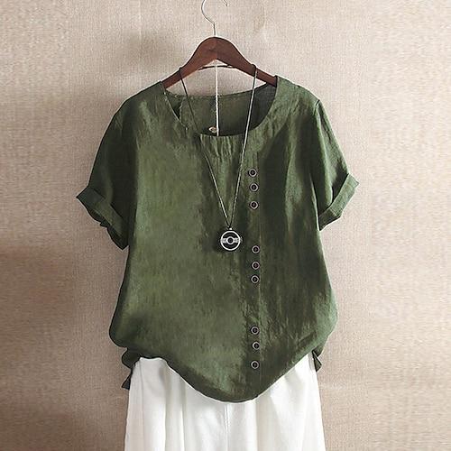 Damen Bluse Baumwoll-Leinen-Hemden Einfach Modern Lässig Kurzarm Rundhalsausschnitt Normale Oberteile Ferien Ausgehen Knöpfe Weiß Gelb Armeegrün Grün Sommer