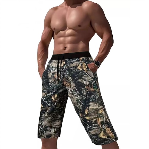Herren Caprihose Shorts mit Camouflage-Muster Sommershorts Tasche Kordelzug Elastischer Bund Grafik Tarnung Komfort Atmungsaktiv Wadenlang Outdoor Urlaub Sport Lässig Gelb Himmelblau Image