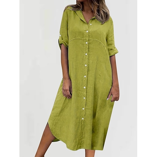 Damen Midikleid Baumwoll Mischung Hemdblusenkleid Mode Klassisch Täglich Ausgehen Wochenende Normale Passform Einfach Langarm Hemdkragen Blau Schwarz Grün Dunkelblau Sommer Image