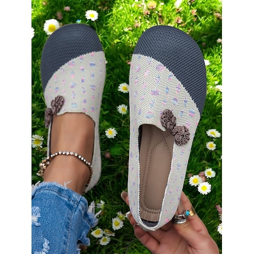 Damen-Slipper in Kontrastfarbe mit Flyknit und weiter Passform – atmungsaktive, leichte Barfuß-Freizeitschuhe mit floralen Akzenten Image
