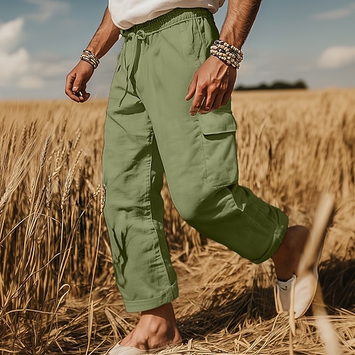 Herren Cargo-Hosen Leinenhosen Hose Sommerhose Strandhose Kordelzug Elastischer Bund Mehrere Taschen Einfach Komfort Atmungsaktiv Volle Länge Outdoor Lässig Ferien Mode Retro Vintage Schwarz Weiß Image