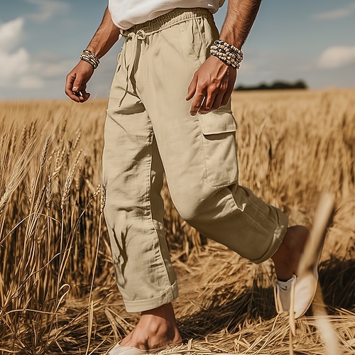 Herren Cargo-Hosen Leinenhosen Hose Sommerhose Strandhose Kordelzug Elastischer Bund Mehrere Taschen Einfach Komfort Atmungsaktiv Volle Länge Outdoor Lässig Ferien Mode Retro Vintage Schwarz Weiß Image