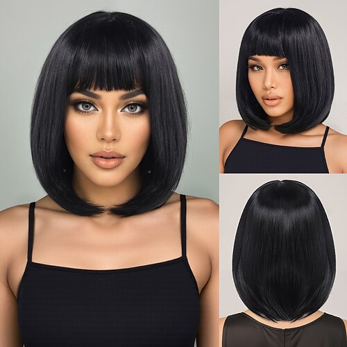 Synthetische Perücken Glatt Yaki Glatt Asymmetrisch Gerader Pony Maschinell hergestellt Perücke 14 Zoll A1 Synthetische Haare Damen Party Klassisch Bequem Schwarz Image