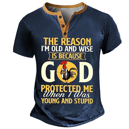 Herren Grafik Henley T-Shirt Lustiges 'Alt Weise Gott hat mich beschützt' Zitat Kurzarm Lifestyle Geschenk Image