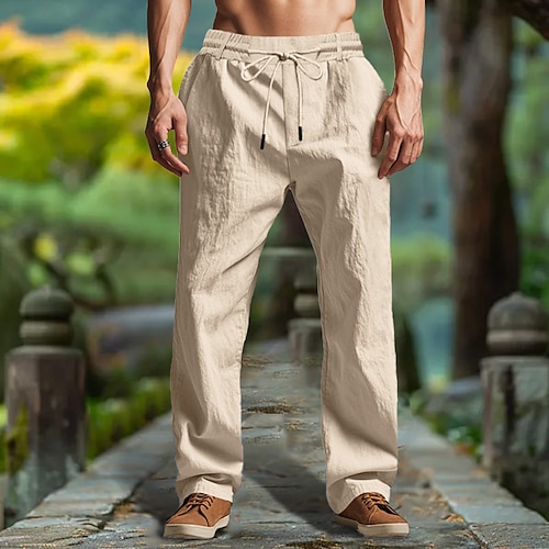 Herren Leinenhosen Hose Sommerhose Strandhose Kordelzug Elastischer Bund Gerader Schnitt Einfach Komfort Atmungsaktiv Volle Länge Outdoor Lässig Täglich Mode Retro Vintage Schwarz Weiß Image