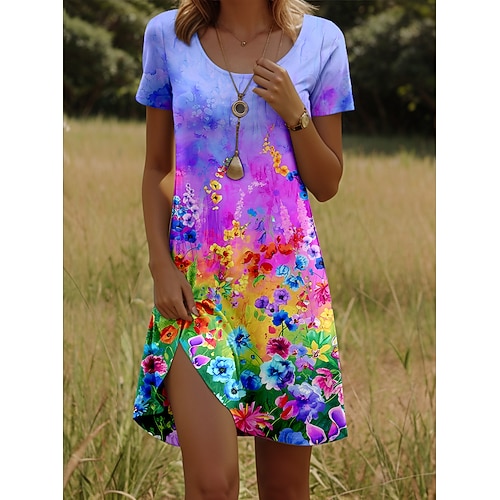 Damen Minikleid A Linie Kleid Elegant Vintage Stilvoll Täglich Normale Passform Blumen Grafik Kurzarm V Ausschnitt Blau Weiß Rote Smaragdgrün Sommer Frühling Image