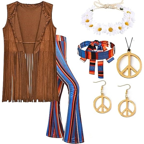 Retro Vintage 1960er 1970er Cosplay Kostüm Outfits Zubehörset Hippie Kostüm Damen Karneval Maskerade Leistung Party Pride Parade Erwachsene Weste Hose Ohrringe Image