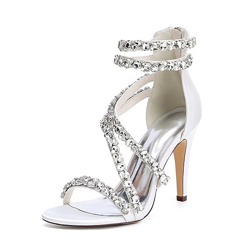 Weiße Riemchensandalen mit Strasssteinen für Damen – elegante Cocktailparty-Hochzeitsschuhe Image