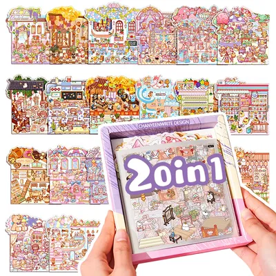 NEW! 20in1 2D Landscape Sticker Album Cartoon Scene DIY Toy Game Festival Birthday Present Gift Box