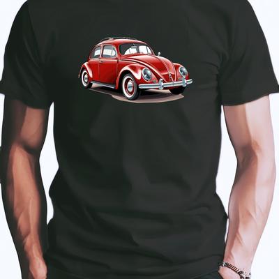 TEMU Red Vintage Car Print T-shirt, Casual Crew Neck Short Sleeve Tee, 100% Polyester Knit Fabric, Stretch, Summer Regular Fit Top - 150gsm Image