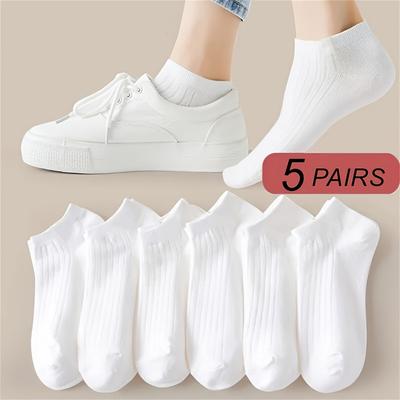 TEMU 5 Pairs Unisex Ankle Socks - 98% Polyester & 2% Spandex, 320gsm Heavyweight, Sweat Absorbent Low-cut Athletic Socks For , Solid Color Casual Sports & Casual Attire, Breathable Fabric Image