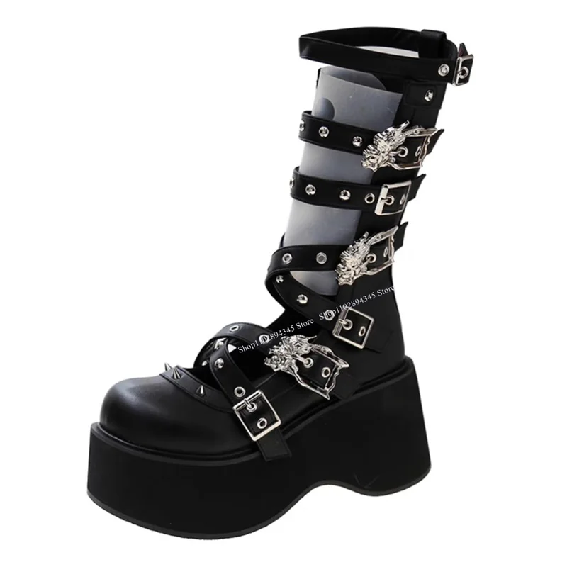 Schwarz Mittlere Waden Niet Plattform Stiefel Hohl Keil Mode Sexy Roman 2025, Sommer Casual Große Größe Frau Schuhe Zapatillas Mujer