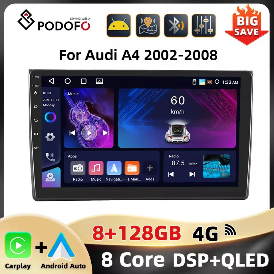 Podofo 2Din 8Core Car Radio For Audi A4 2002-2008 Multimedia Player 8+128G WIFI 4G Carplay Android Auto Navigation Car Stereo Image