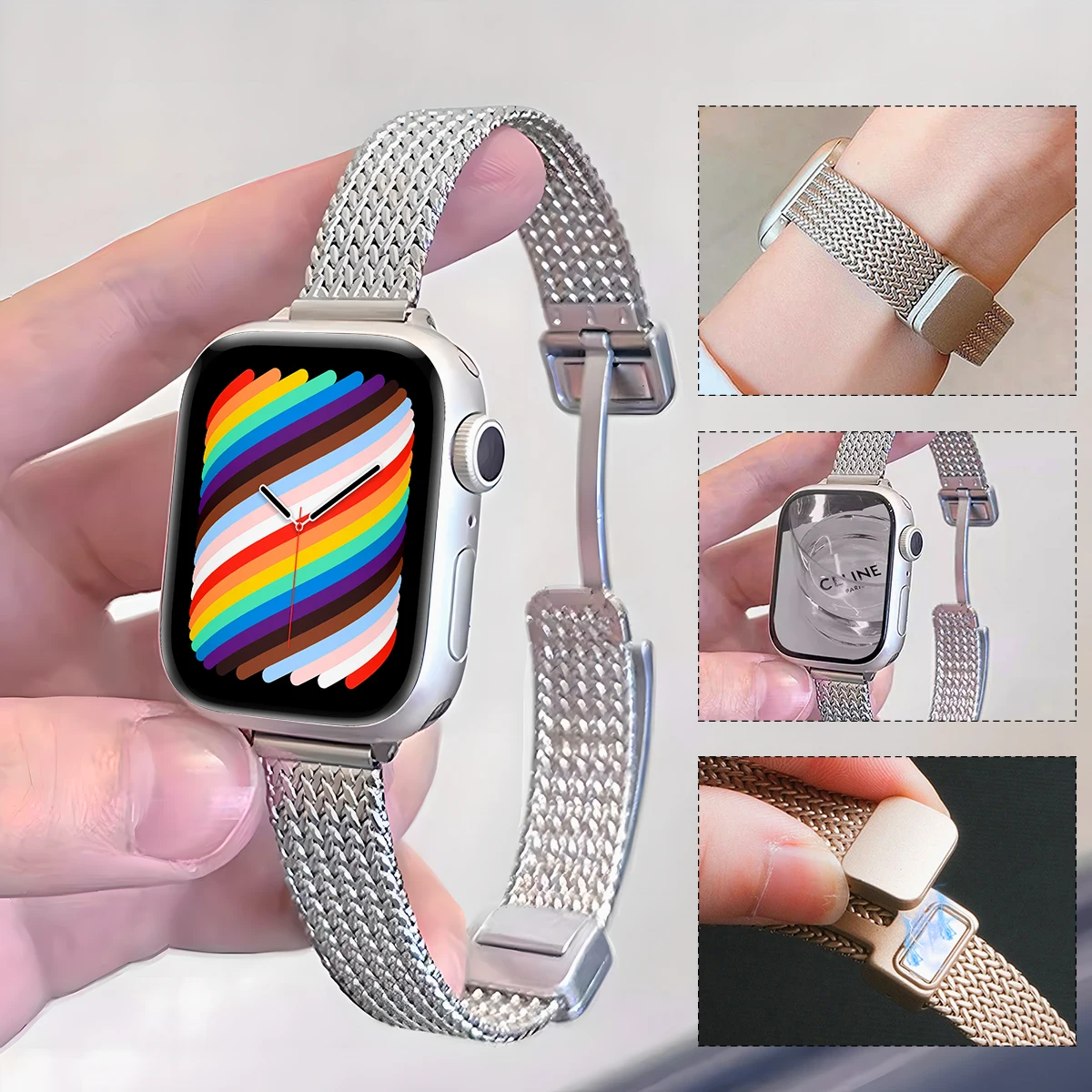 Magnetisches Falt schlaufen band für Apple Watch 9 8 7 41mm 45mm schlankes Damen Edelstahl armband für iwatch se 6 5 4 40/44mm 38/42mm Image