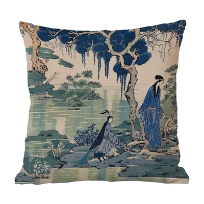 Eleganter Kissenbezug aus Leinen mit traditioneller chinesischer Kunst, stilvolle Heimdekoration und Image