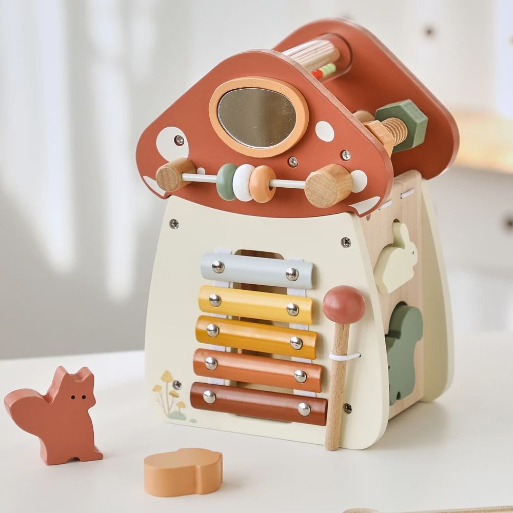 Baby Holz Block Pädagogische Holz Baustein Mix Puzzle Spielzeug Pilz Fünf in Einem Tisch Spielzeug Multifunktionale Beschäftigt Spielzeug Image