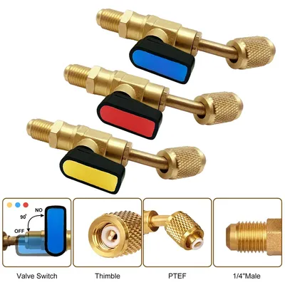 Refrigerant Angled Shut-Off Ball Valve Adapter 1/4" SAE R22 R12 R410a Air Conditioning Charging Hoses AC Refrigerant Tools