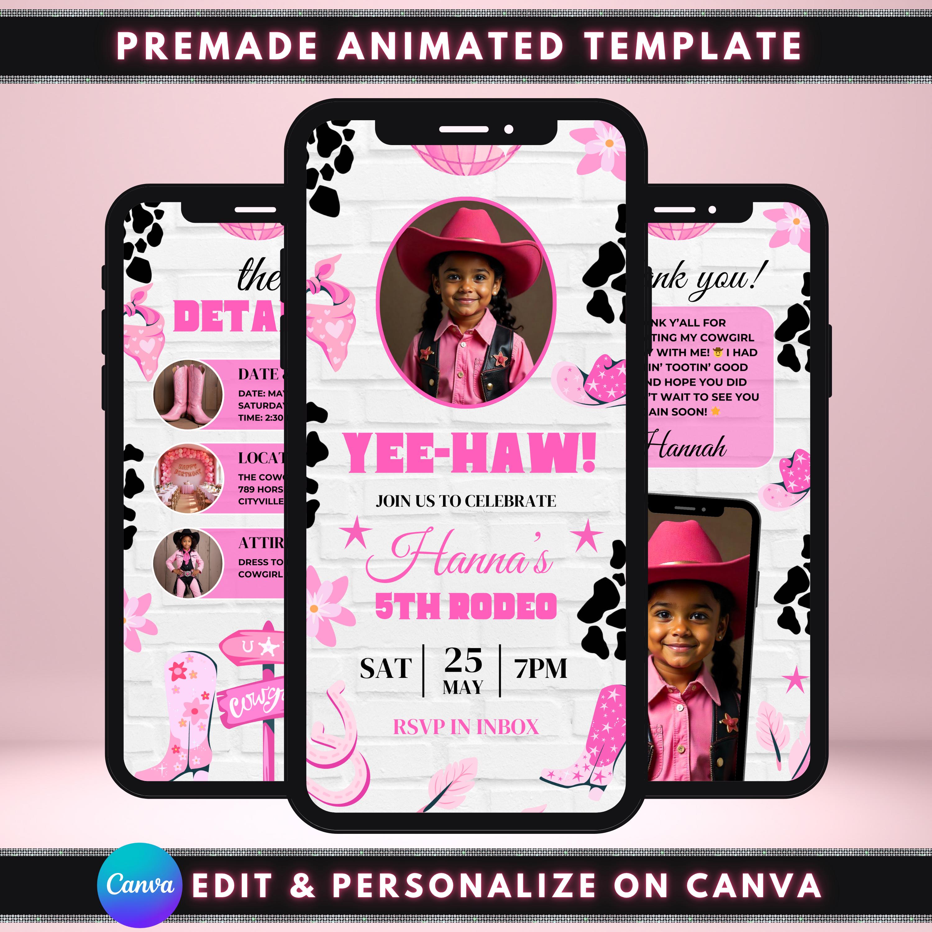 Invito video animato per festa di compleanno a tema cowgirl, design del modello fai-da-te, invito per festa a tema cowboy, festa a tema western, invit