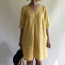 Damen Casual Baumwollleinen Etuikleid Basic Klassisch Outdoor Alltag Urlaub V-Ausschnitt Geraffte Gerollte Manschette Halbarm Sommer Frühling Leinen Lockere Passform