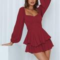 Damen Stylisches Freizeit A-Linien Mini Kleid mit langen Laternenärmeln und quadratischem Ausschnitt Rüsche normale Passform für Urlaub und Alltag.