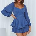 Damen Stylisches Freizeit A-Linien Mini Kleid mit langen Laternenärmeln und quadratischem Ausschnitt Rüsche normale Passform für Urlaub und Alltag.