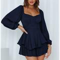 Damen Stylisches Freizeit A-Linien Mini Kleid mit langen Laternenärmeln und quadratischem Ausschnitt Rüsche normale Passform für Urlaub und Alltag.