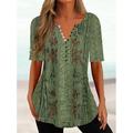 Damen Henley-Shirt mit Blumendruck und Knopfleiste T-Shirt Basic Rundhalsausschnitt kurzärmelig Tunika Urlaub Wochenende