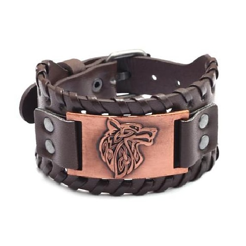 Wikinger-Armband mit Wolfskopf-Muster antikes Silber breites PU-Armband Retro- Vintage-Stil mittelalterliche Armbänder für Herren und Damen