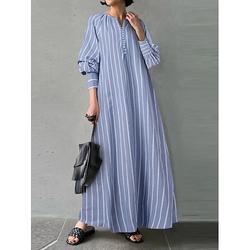 Damen Baumwolle Leinen Casual A-Linie Maxikleid Lange Ärmel V-Ausschnitt Streifenmuster Sommer Frühling Urlaub Alltag