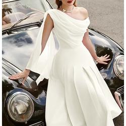 Elegantes ärmelloses A-Linien-Kleid für Hochzeitsgäste Wasserfallausschnitt gerüschtes Stretch-Chiffon wadenlanges halbformelles Kleid zum Beeindrucken 2024