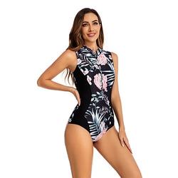 Damen UV-Sonnenschutz Einteiler Rash Guard Badeanzug UPF50 Leichtgewichtig Ärmelloses Spandex-Body Frontreißverschluss Blumendruck Badeanzug Surfen Strand Wassersport
