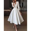Elegantes A-Linien-Brautkleid aus Satin mit V-Ausschnitt und halblangen Ärmeln und drapierter Wadenlänge – Perfekt 2024