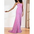 Elegantes Meerjungfrau-Trompeten-Mutter der Braut Kleid Formelles Abendkleid Kirchenkleidung Ärmellos Satin Polyester Spandex Funkeln Glanz Offener Rücken Spaghettiträger Bodenlanger Zug