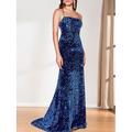 Elegantes Meerjungfrau-Trompeten-Mutter der Braut Kleid Formelles Abendkleid Kirchenkleidung Ärmellos Satin Polyester Spandex Funkeln Glanz Offener Rücken Spaghettiträger Bodenlanger Zug
