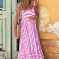 Damen Stilvolles Sommer Hawaiian Cami Kleid Lässige Urlaubsbekleidung Streifen Ärmellos Quadrat-Ausschnitt