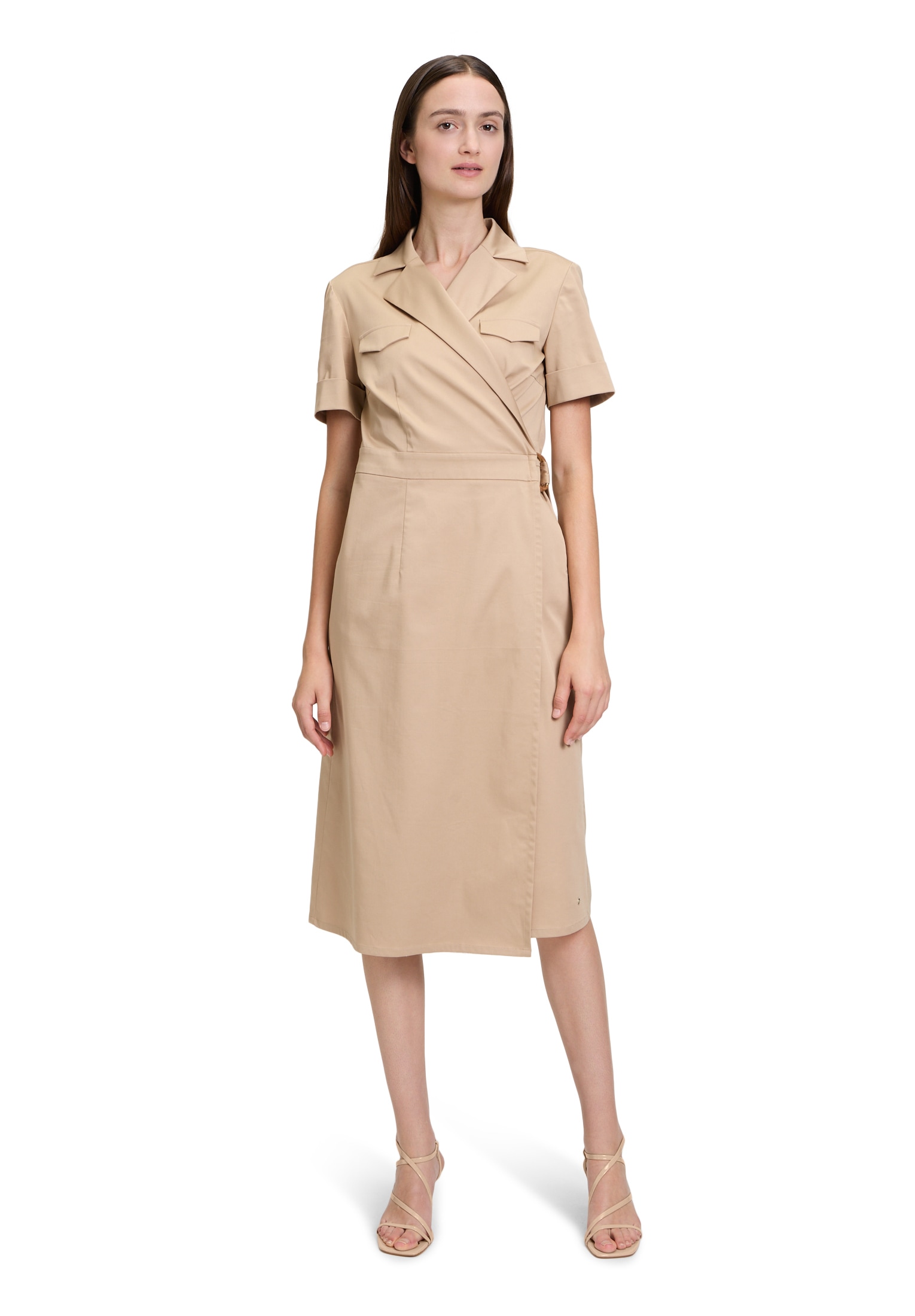 Wickelkleid BETTY & CO "Damen mit Kragen", Damen, Gr. 44, Normalgrößen, braun (hellbraun), Obermaterial: 61% Baumwolle, 34% Polyester, 5% Elasthan, tailliert lang, Kleider Wickelkleid, Schnallen