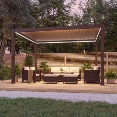 BONOSUKI Adjustable LED Aluminum Pergola with Hand Crank Louvers, Solar Power, Brown