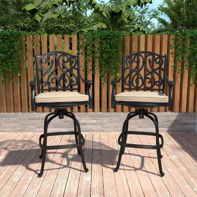 Clihome Outdoor Cast Aluminum Vintage Carved Barstools Chairs with Cushions (Set of 2)