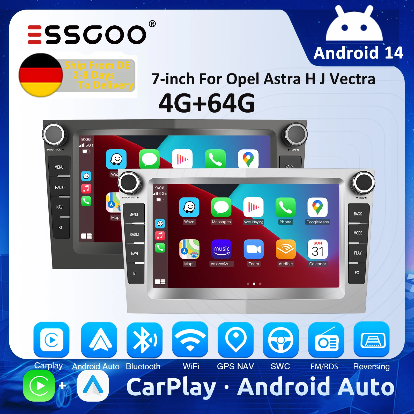 ESSGOO Android 14 Carplay 4G 64G für Opel Astra H J 2004 Vectra Vauxhall Antara Zafira Corsa C D Vivaro Meriva Veda Radio Image