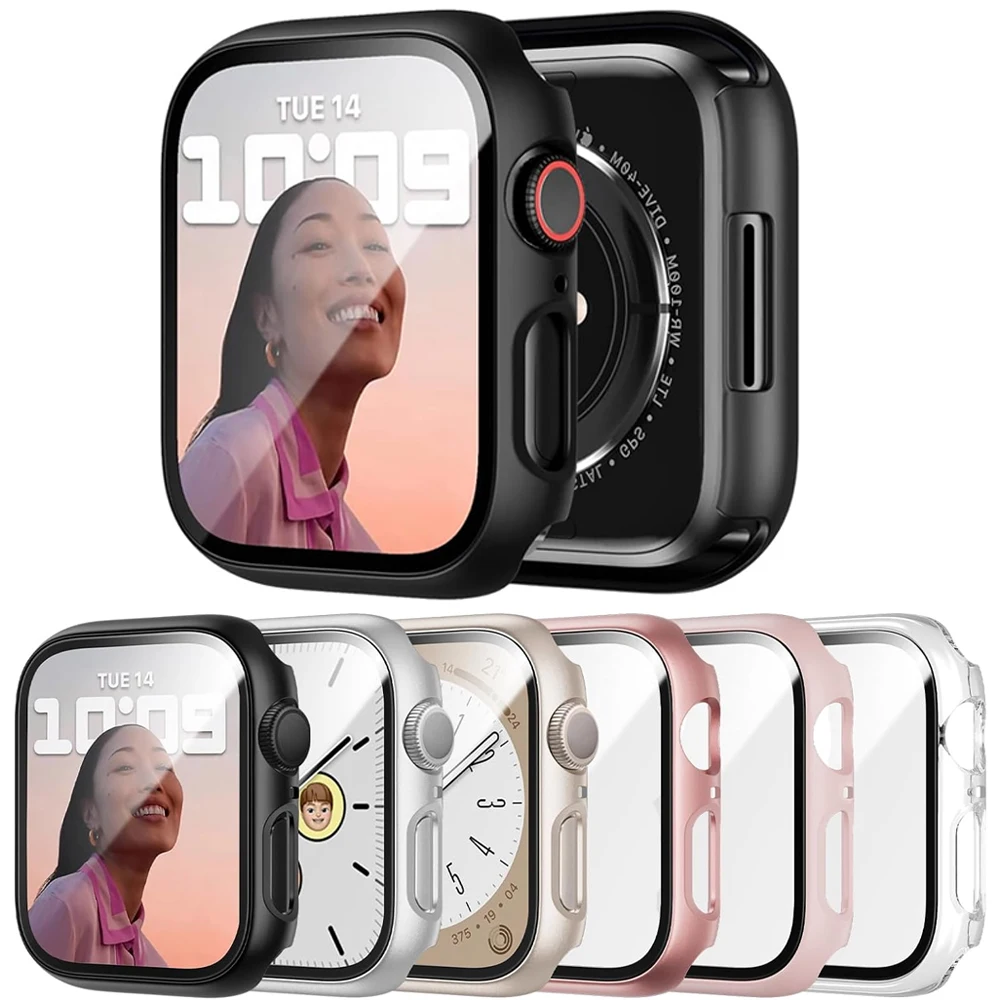 Displayschutzfolie für Apple Watch-Gehäuse 44 mm, 40 mm, 45 mm, 41 mm, 42 mm, 38 mm, Zubehör, gehärtetes Glas + Abdeckung, iWatch Serie 9 8 7 SE 6 5 4 Image