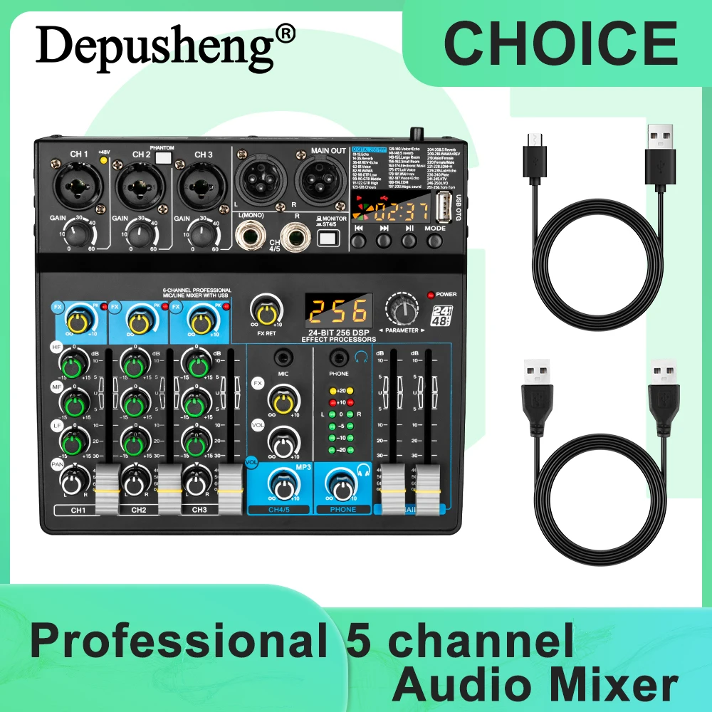 USB-Mixer, 5 Kanäle, Depusheng DJ-Sound-Controller, Mini-Mixer, professionelles Audio, tragbare Sound-Mischpult mit 256 DSP Image